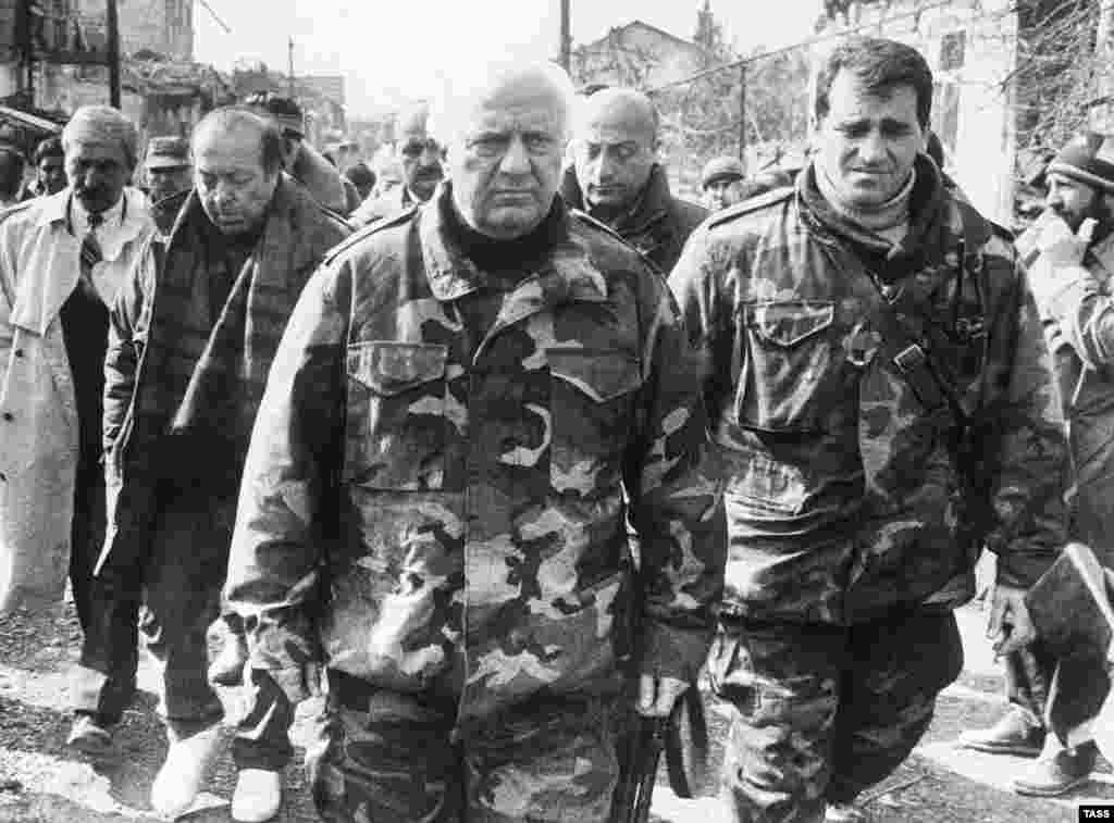 President Eduard Shevardnadze tours the combat zone during the 1993 Georgian-Abkhaz war.