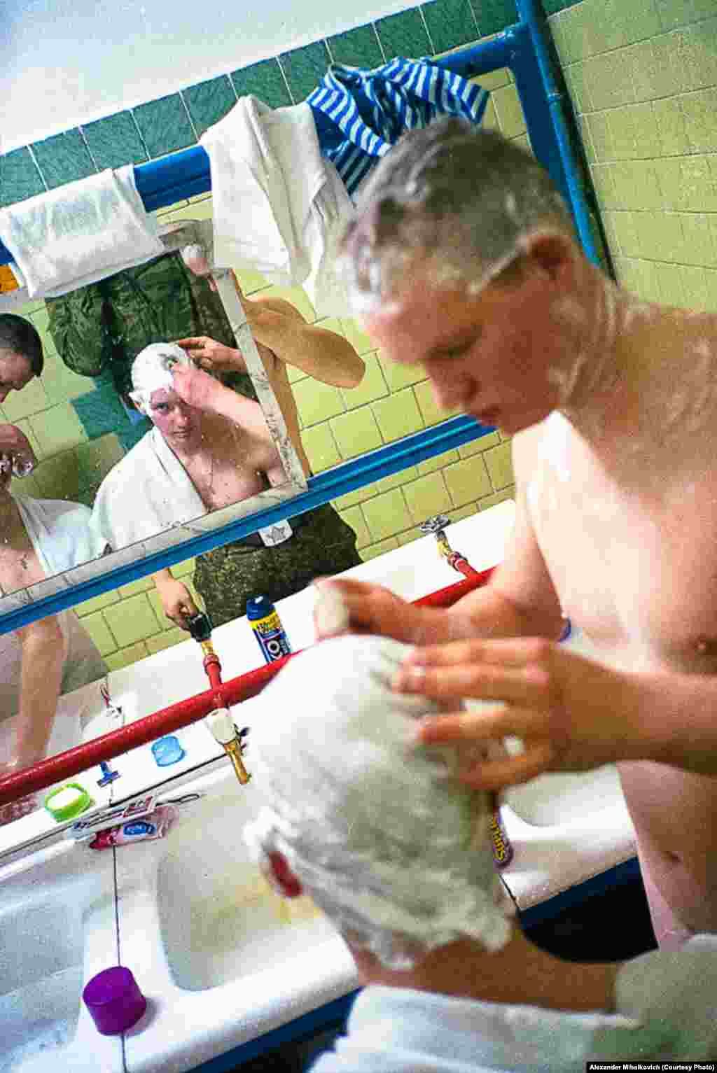 Recruits keep their heads closely shaved in a military custom inherited from Soviet times.