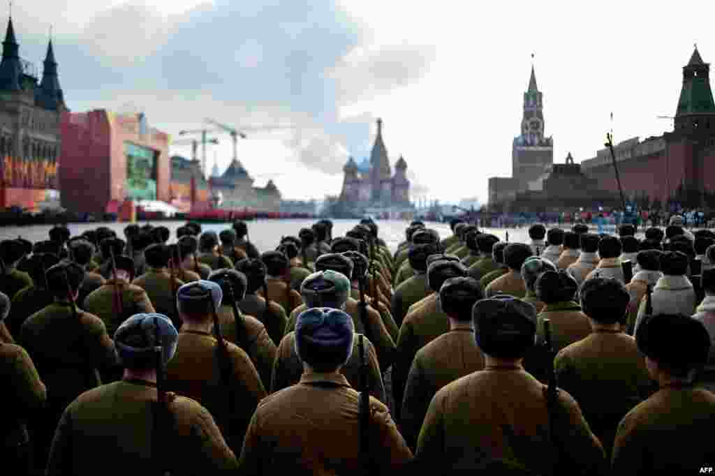 Russian soldiers wearing Red Army World War II uniforms take part in a military parade on Red Square in Moscow. (AFP/Kirill Kudryavtsev)