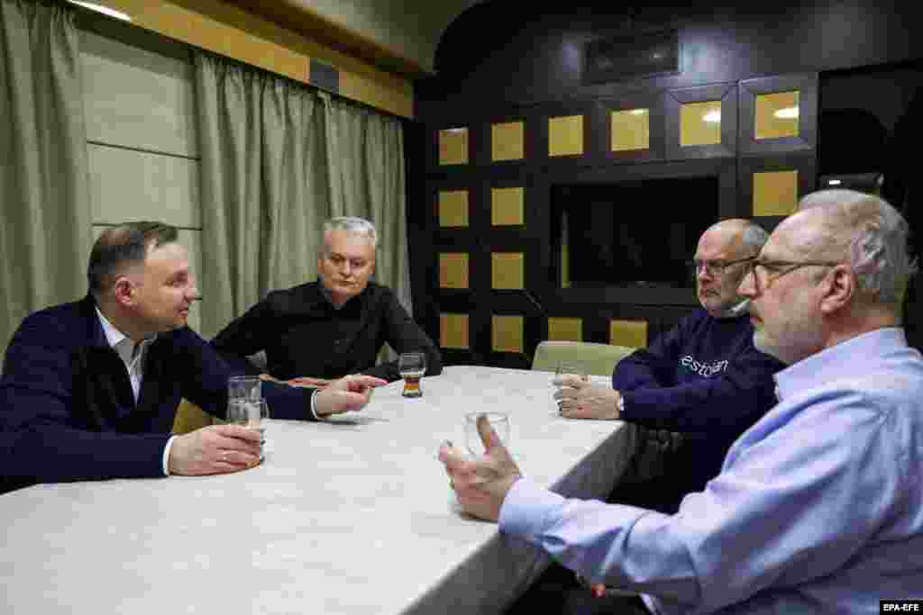 This photo issued by the Polish president&#39;s press office shows them, along with Estonian President Alar Karis (2nd right) on their way to meet Ukrainian President Volodymyr Zelenskiy.&nbsp;