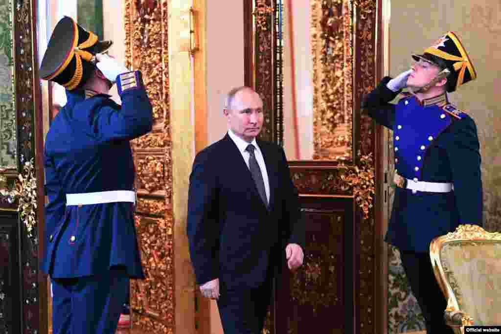 RUSSIA -- Russian President Vladimir Putin meets with his Tajik counterpart Emomali Rahmon at the Kremlin in Moscow, April 17, 2019