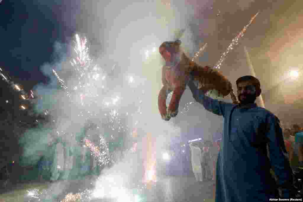A supporter of the Pakistan Muslim League-Nawaz holds a stuffed tiger as he celebrates following the swearing-in of Shehbaz Sharif as the country&#39;s new prime minister, in Rawalpindi on April 11.&nbsp;