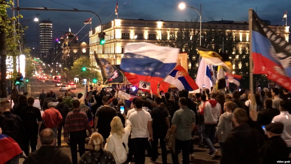 A protest for Russia organized by Serbian far-right group the People's Patrol in Belgrade on April 15.