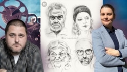 Николай Тодоров (ляво) и Елена Мошолова (дясно) на фона на рисунки на Ева Тенева-Зайков. Колаж, Свободна Европа.