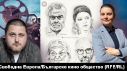 Николай Тодоров (ляво) и Елена Мошолова (дясно) на фона на рисунки на Ева Тенева-Зайков. Колаж, Свободна Европа.