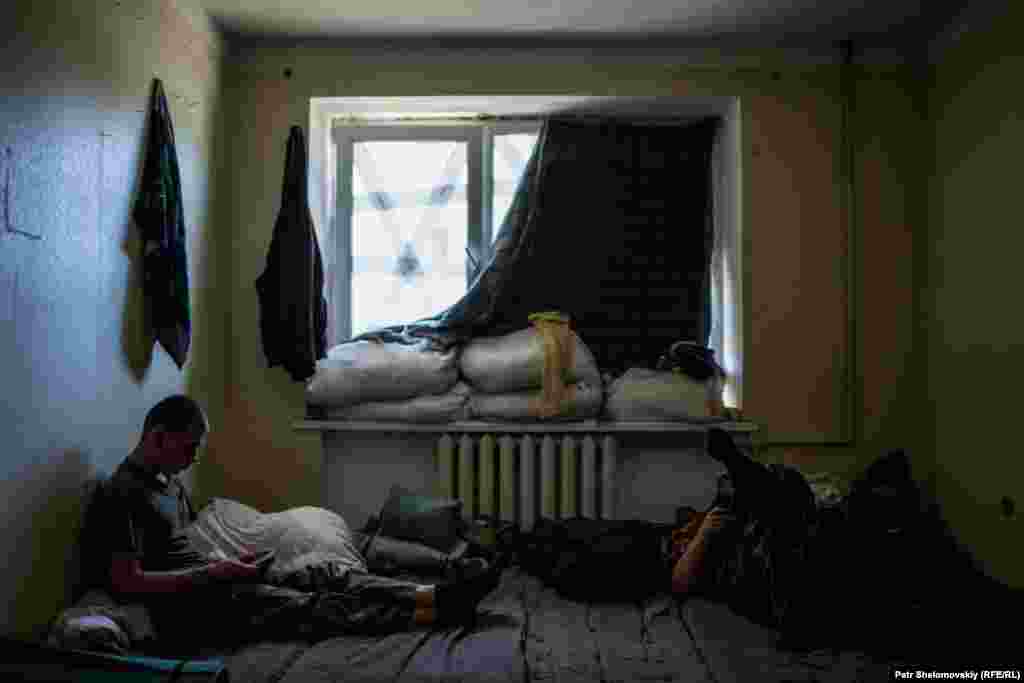 Ukrainian servicemen in their sleeping quarters.