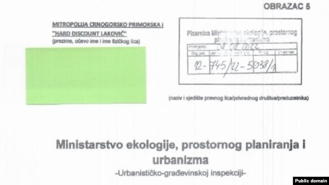 Zahtjev za gradnju objekta u Budvi koji je Mitropolija SPC uputila Ministarstvu ekologije, prostornog planiranja i urbanizma, 8. avgusta 2022. godine