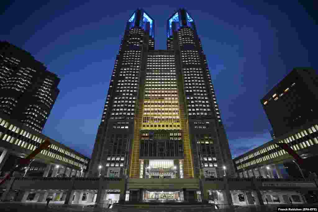 Tokyo&#39;s Metropolitan Government building is illuminated with the colors of the Ukrainian national flag on March 1.&nbsp;