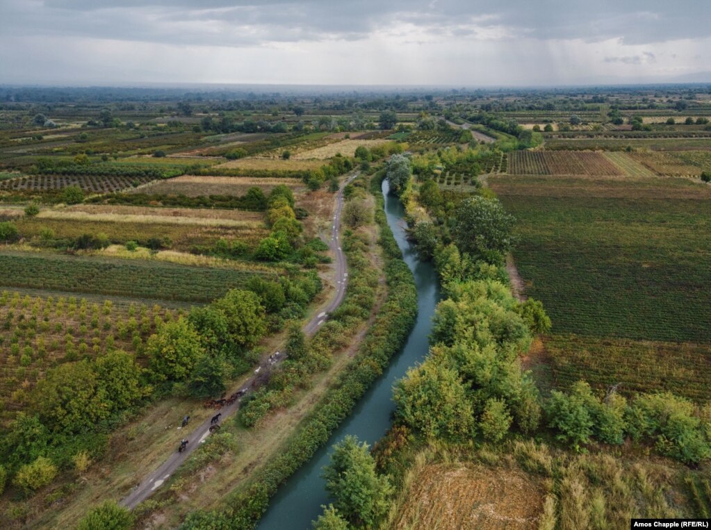 Ididze's herd (bottom left) follow a Soviet-era irrigation canal through the Kakheti region as a distant rainstorm approaches.