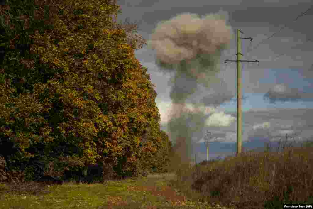 Smoke rises after a controlled explosion of powerful anti-tank mines outside Hrakove village.&nbsp;