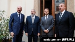 Czech Republic - Armenian Prime Minister Nikol Pashinan, Azerbaijani President Ilham Aliyev, French President Emmanuel Macron and European Council President Charles Michel meet in Prague, October 6, 2022.