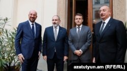 Czech Republic - Armenian Prime Minister Nikol Pashinan, Azerbaijani President Ilham Aliyev, French President Emmanuel Macron and European Council President Charles Michel meet in Prague, October 6, 2022.