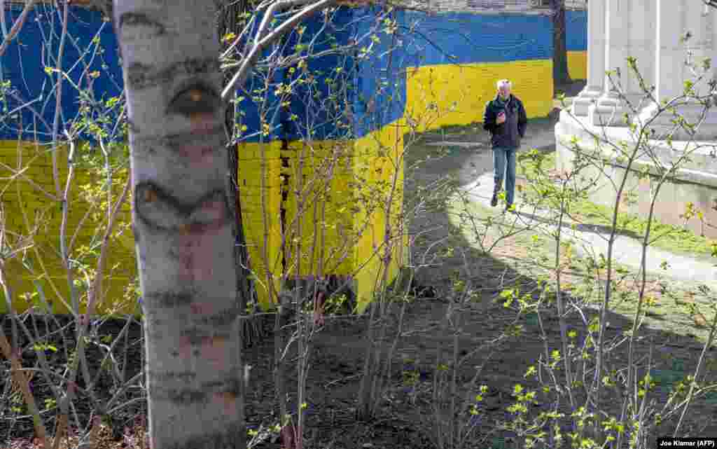 Мужчина проходит мимо свежевыкрашенной стены в Вене, 1 марта. Стена расположена рядом с памятником (справа) советским воинам, освободившим австрийскую столицу от нацистских войск во время Второй мировой войны&nbsp;