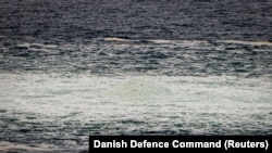 The Nord Stream gas leak seen from a Danish defense aircraft at sea in Denmark on September 30.