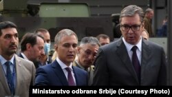 Ministar odbrane Nebojša Stefanović i predsednik Srbije Aleksandar Vučić na sajmu naoružanja i vojne opreme Partner 2021. u Beogradu.