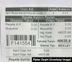 Fatura e ilaçit që Pjetër Zeqiri thotë se ka blerë në Turqi. Vlera në këtë faturë është 46625,9 lira turke, që i bie mbi 2.500 euro.