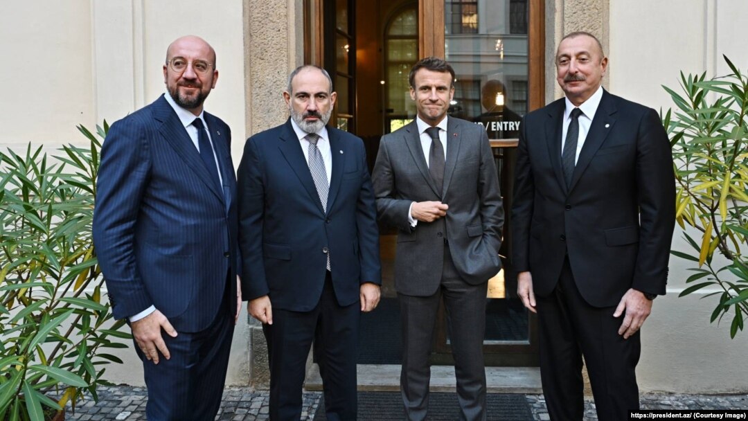 Armenian Prime Minister Nikol Pashinyan, Azerbaijani President Ilham Aliyev, French President Emmanuel Macron, and EU Council President Charles Michel met in Prague on October 6.