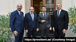 Armenian Prime Minister Nikol Pashinyan, Azerbaijani President Ilham Aliyev, French President Emmanuel Macron, and EU Council President Charles Michel met in Prague on October 6.