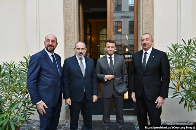 Charles Michel (from left to right), Nikol Pashinian, Emmanuel Macron and Ilham Aliyev met several times in Prague on October 6.