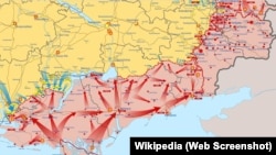 Украинанын Херсон аймагындагы согуштун жүрүшү боюнча карта. Википедияга жарыяланган сүрөт. 5-октябрь, 2022.