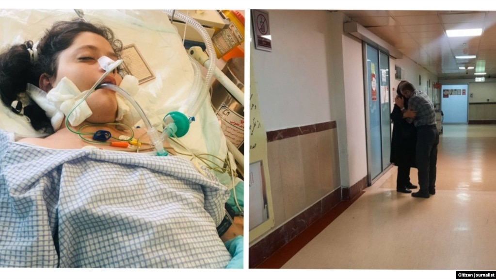 A combo photo shows Mahsa Amini (left) in the hospital on September 16, 2022, and her father and grandmother right after her death.