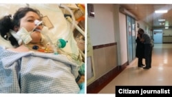Colaj foto: Mahsa Amini (stânga) pe patul de spital pe 16 septembrie 2022 și tatăl și bunica ei, imediat după moartea Mahsei.