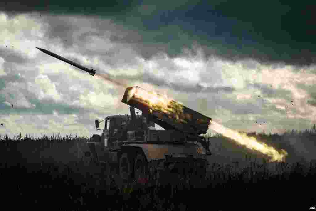 A Ukrainian multiple rocket launcher fires at Russian positions in the Kharkiv region.