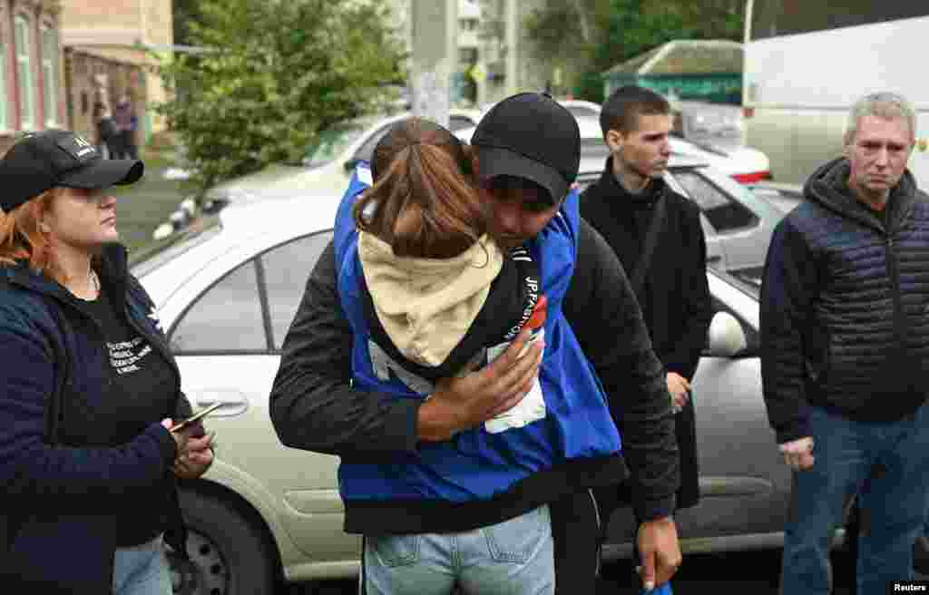 A drafted reservist says goodbye to his loved ones before departing. Heavy fighting between Ukrainian and Russian forces is under way in parts of eastern Ukraine and the northeast Kharkiv region. Ukrainian President Volodymyr Zelenskiy said the eastern Donetsk region remained Ukraine&#39;s -- and Russia&#39;s -- top strategic priority, with fighting under way in several towns as Russian troops try to advance to the south and west.