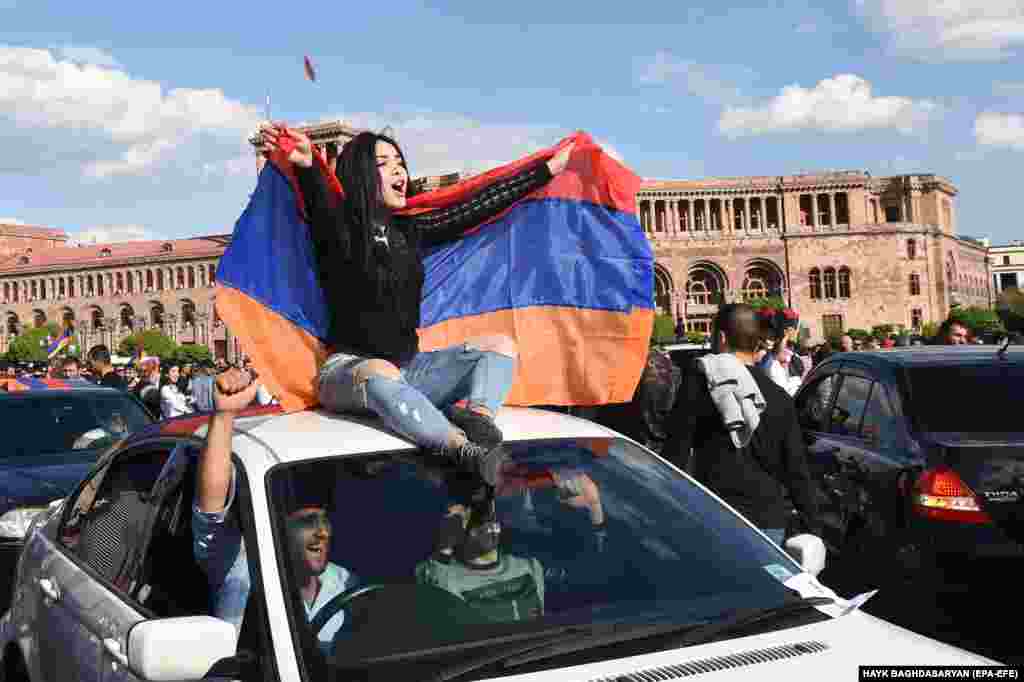 People celebrate in the center of Yerevan.