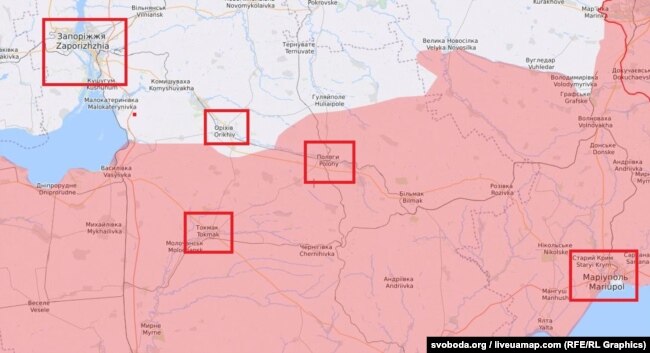 Линия фронта в районе Мариуполя и населенные пункты, которые упоминает в рассказе о своей эвакуации Евгений Сосновский