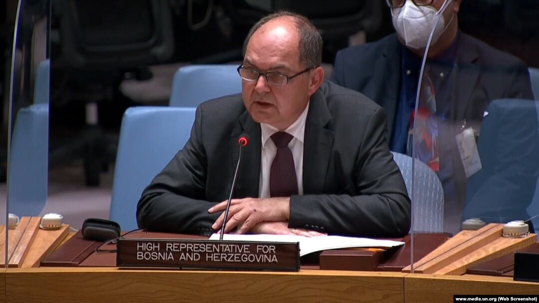 The High representative for Bosnia and Herzegovina, Christian Schmidt, addresses the UN Security Council in New York on May 11.