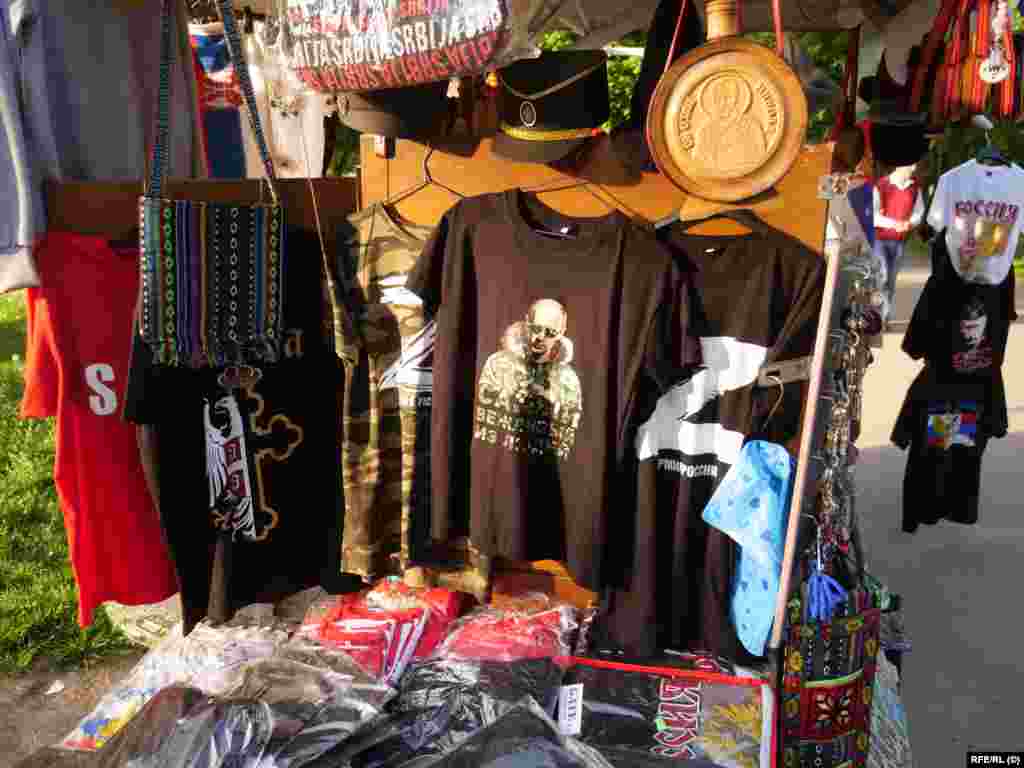 T-shirts with the letter &quot;Z&quot; and the words &ldquo;Russian Army&rdquo; for sale alongside a design featuring Vladimir Putin in the Belgrade fortress.