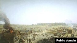 Бой за Семеновский овраг. Фрагмент панорамы Бородинского сражения. Ф. Рубо, 1912 год