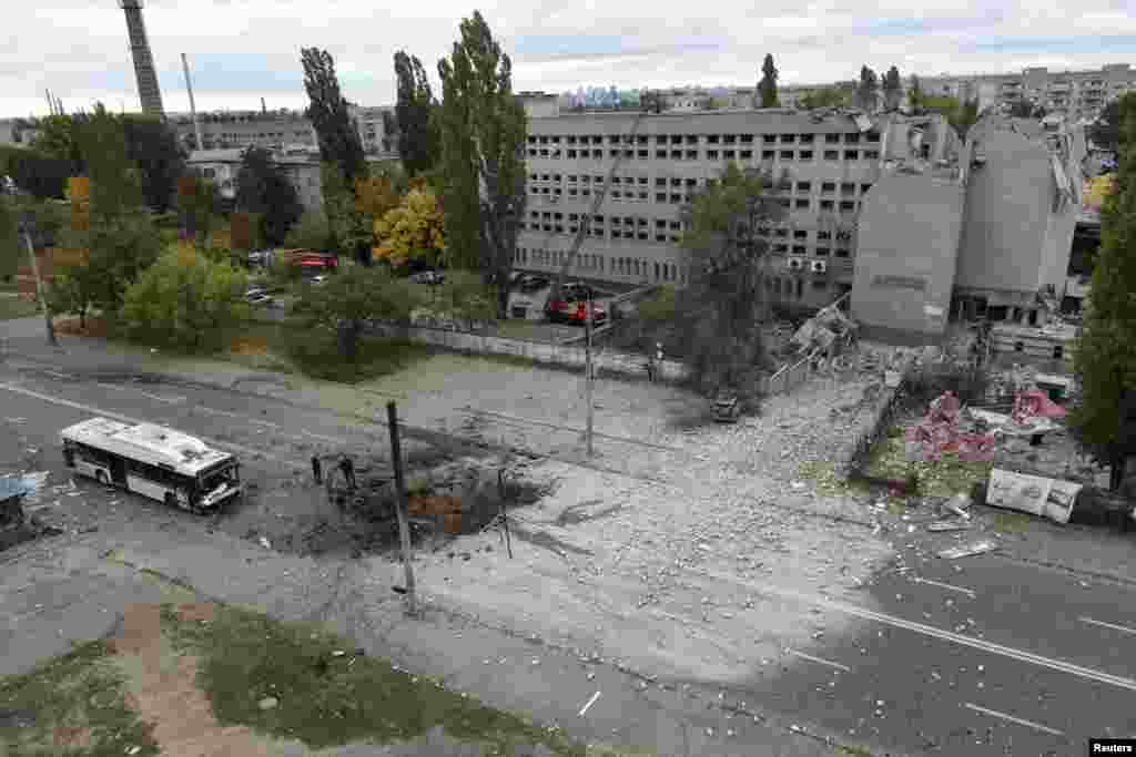 A view shows the damage from a Russian missile strike in Dnipro.&nbsp;