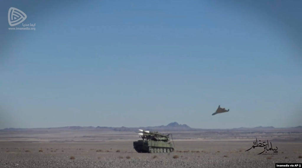 In this photo from January 2021, a delta-winged suicide drone believed to be a Shahed-136 approaches a target during a demonstration in Iran. A Ukrainian colonel in the Kharkiv region told The Wall Street Journal:  “In other areas, the Russians have overwhelming artillery firepower, and they manage with that. Here, they no longer have that artillery advantage, and so they have started to resort to these drones,” Colonel Rodion Kulagin said.  