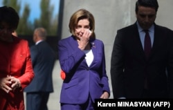 U.S. Speaker of the House Nancy Pelosi wipes away a tear as she visits the Armenian Genocide Memorial complex in Yerevan on September 18.