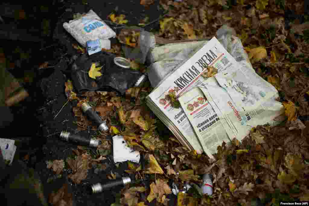 A pile of apparently unread Krasnaya Zvezda (Red Star) newspapers with a masthead featuring Vladimir Lenin and other Soviet emblems. The former Soviet newspaper is the official mouthpiece of Russia&#39;s Defense Ministry and it was first published in January 1924.&nbsp;