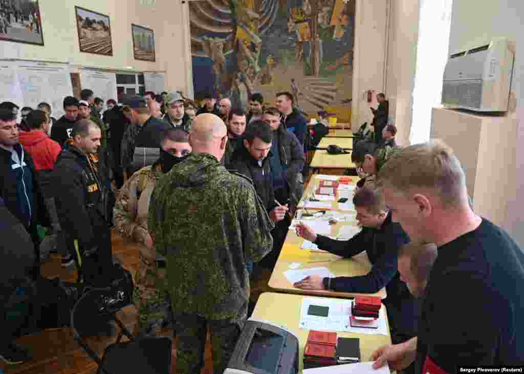 Scores of draftees were processed in Bataisk before their departure for military bases.