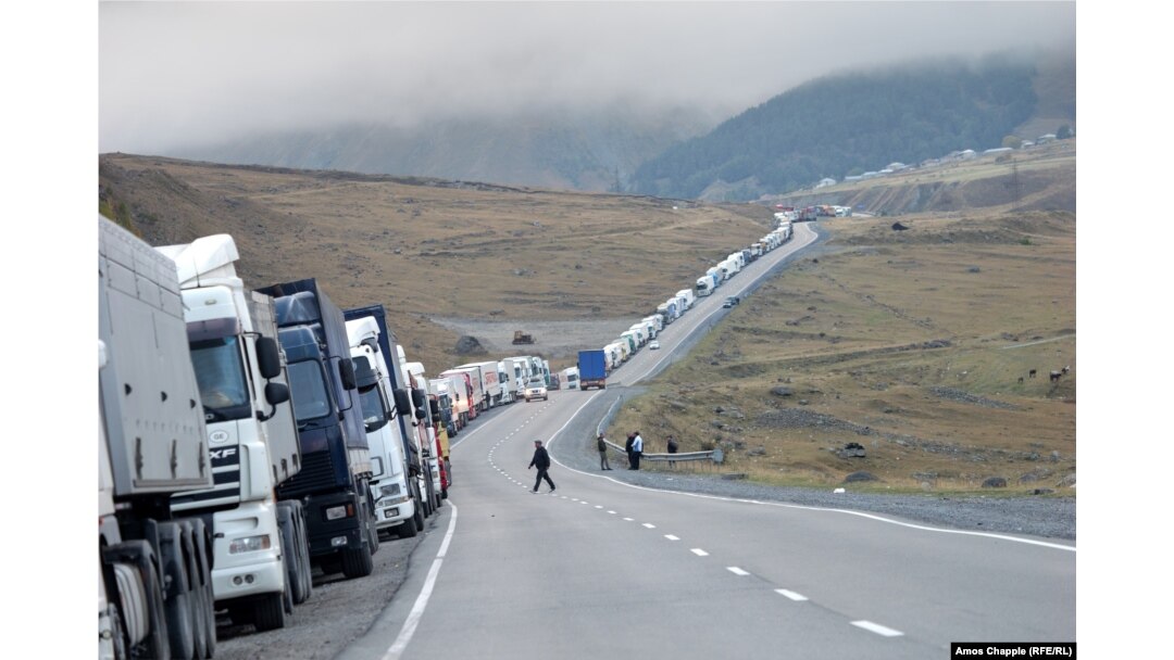 Truckers waiting to enter Russia. Locals say such long lines are relatively frequent.