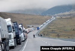 Truckers waiting to enter Russia. Locals say such long lines are relatively frequent.