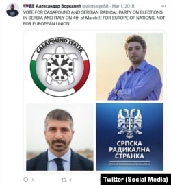 Ultranacionalist Aleksandar Vorkapić na Twitteru poziva ljude da glasaju za Srpsku radikalnu stranku i CasaPound, mart 2018.