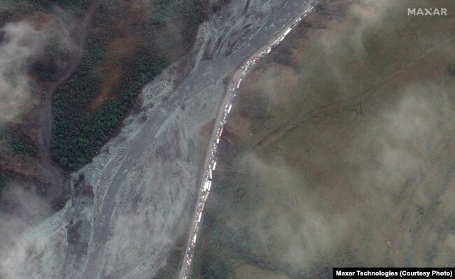 A Maxar satellite image shows a huge traffic jam near the Russia border with Georgia on September 25.