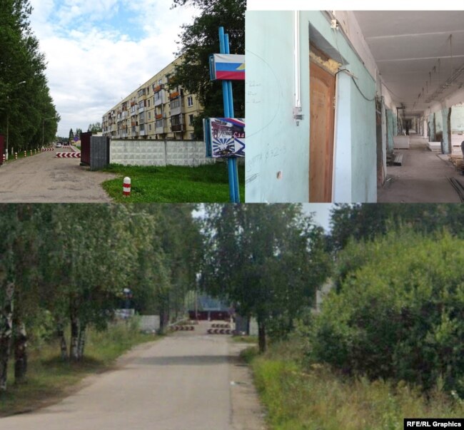 Войсковая часть 14118: въезд, казармы во время ремонта (фото с сайта kopeika.org и pasmi.ru), снимок въезда в часть сервиса Google Street View