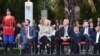 Ministri malazez i Mbrojtjes, Rashko Konjeviq, kryetarja e Parlamentit të Malit të Zi, Danijela Gjuroviq, presidenti Milo Gjukanoviq dhe kryeministri Dritan Abazoviq në festën e Ditës së Ushtrisë, më 7 tetor 2022.