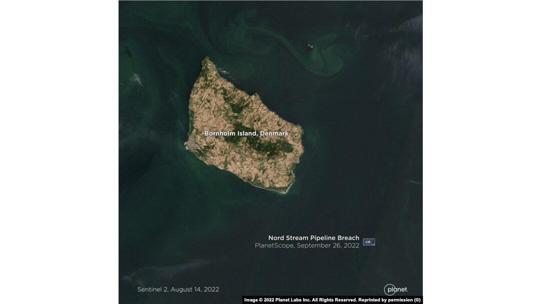 Vedere din satelit a scurgerii de gaze din conductele Nord Stream, la 13 mile nautice (24 km) sud-est de insula daneză Bornholm.