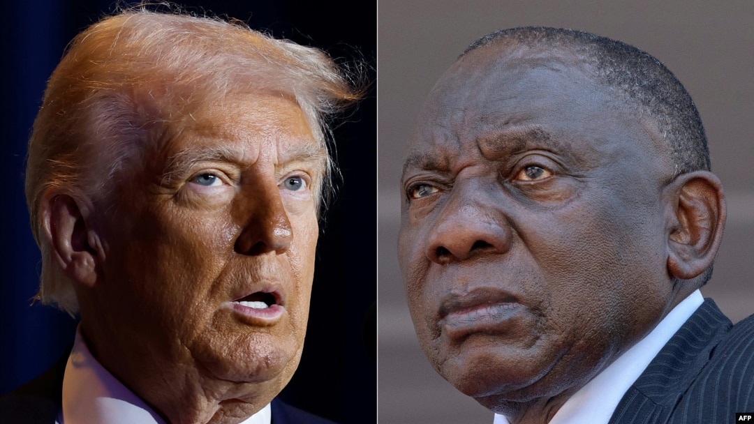 This combination of file pictures shows U.S. President Donald Trump (L) speaking in Washington, D.C., on February 6, 2025, and South African President Cyril Ramaphosa attending Mozambique President-elect Daniel Chapo's inauguration in Maputo on January 15, 2025.