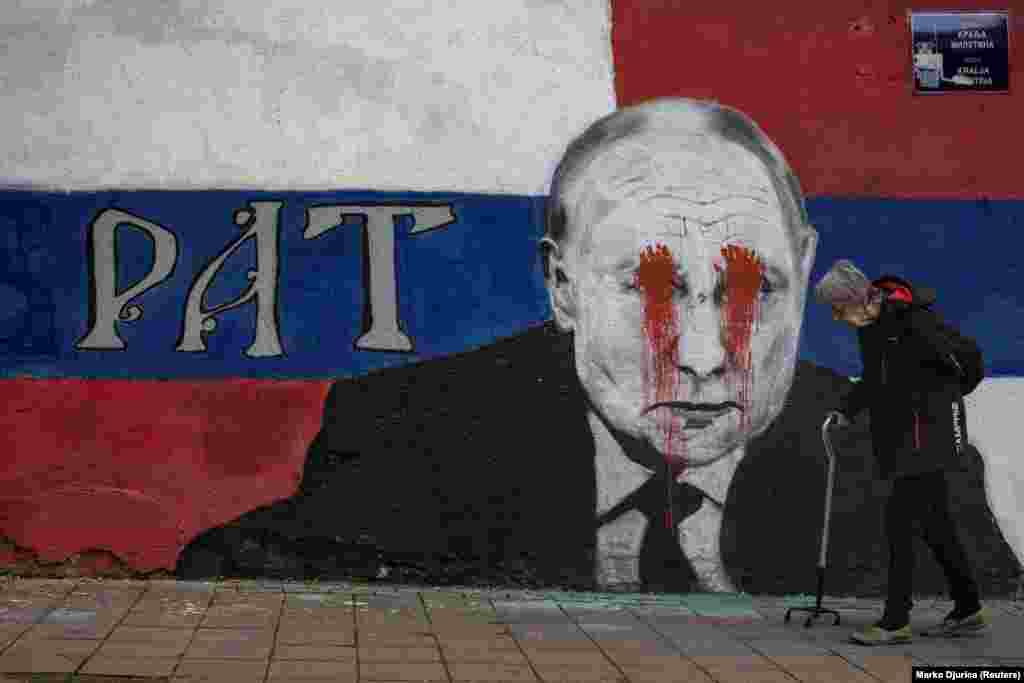 Then, on April 29, Putin&#39;s portrait had been defaced again. The first letter of the Serbian word &quot;brother&quot; had also been painted over, leaving the word &quot;rat,&quot; meaning &quot;war&quot; in Serbian.&nbsp;