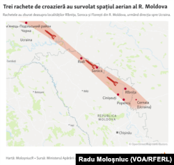 Rachetele detectate de radare moldovene, românești și ucrainene au survolat atât regiunea transnistreană și zona satului Cobasna, cât și raioanele Florești și Soroca de pe malul drept al Nistrului.