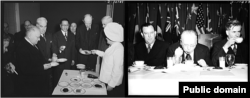 Советский посол Литвинов на банкете по случаю 2-й годовщины закона о ленд-лизе. Вашингтон, 11 марта 1943 года. Библиотека Конгресса США. Все блюда этого банкета были приготовлены из сухих концентратов, поставлявшихся по программе ленд-лиза