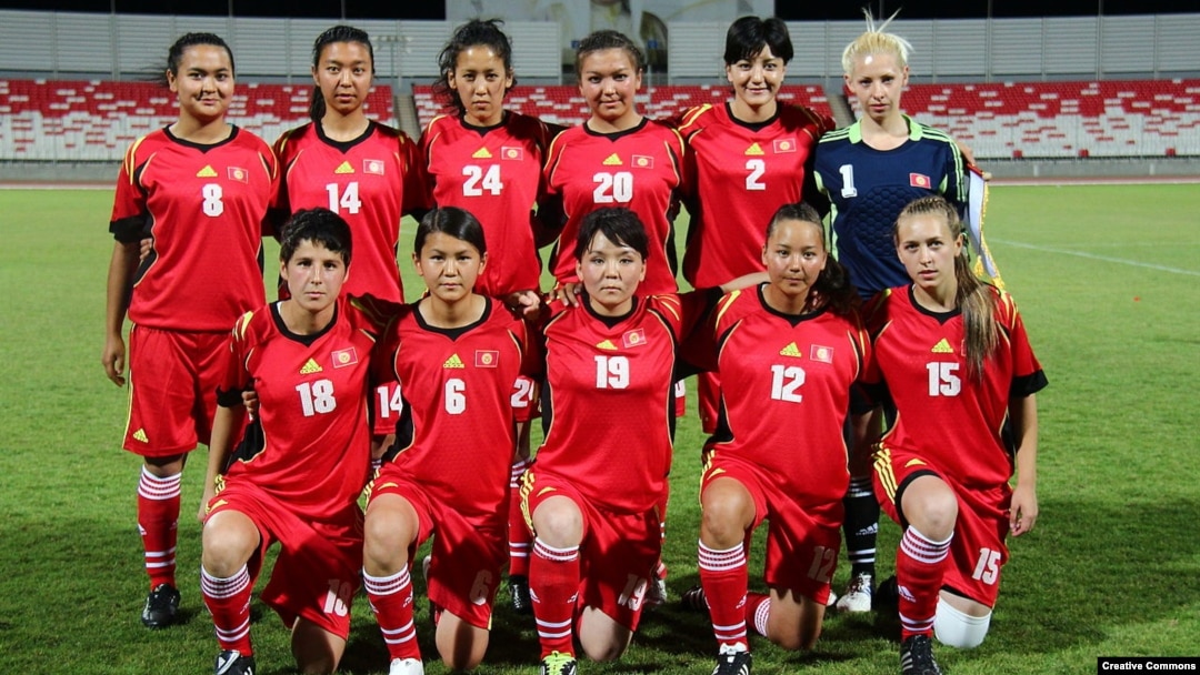 Aidana Otorbaeva (pictured wearing the number six) poses with the Krygyz national soccer team in 2013. She went to establish a national soccer academy for girls and become deputy chair of the national women's soccer association.